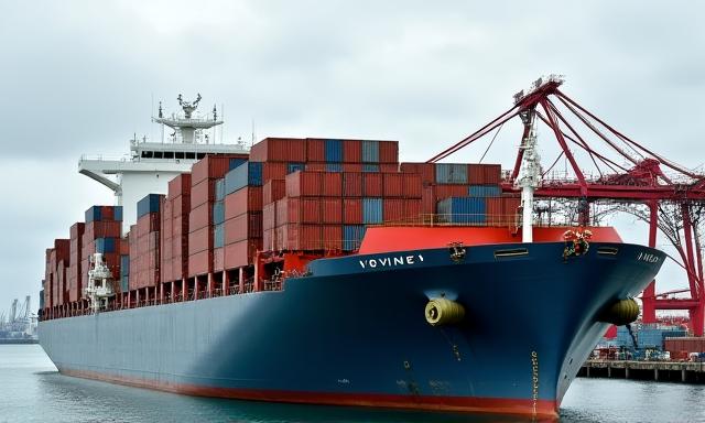 Cargo ship loaded with timber containers at a bustling port.